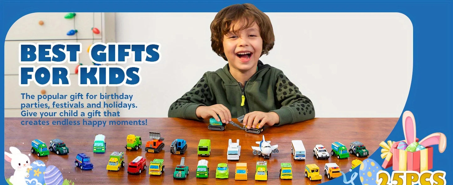 25 Pieces Pull Back Cars and Trucks Toy Vehicles Set for Toddlers Kids Play Set Die-Cast Car Party Favors School Gifts