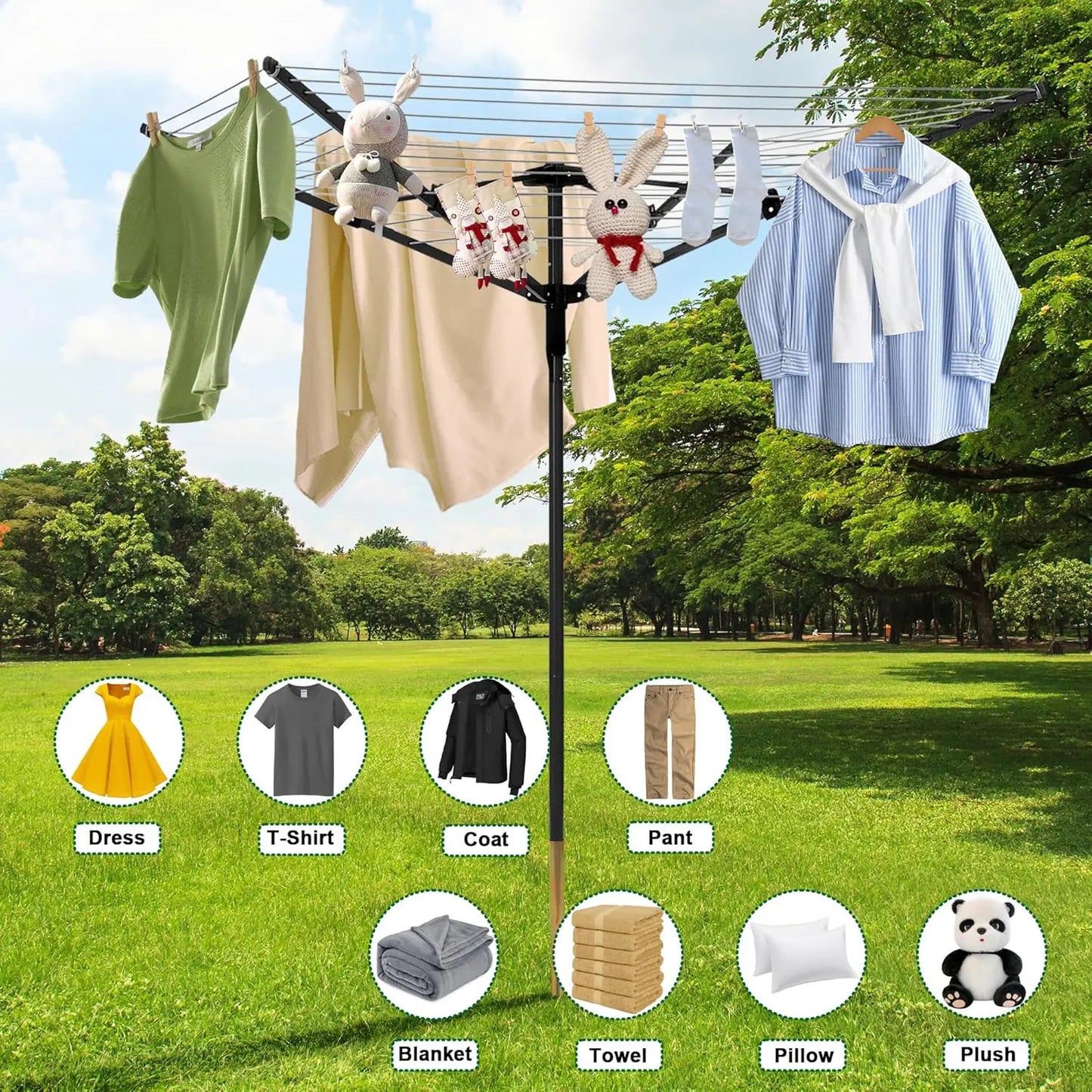 Rotary Outdoor Umbrella Drying Rack Umbrella Rotary Dryer Clothes Line Protective Cover 4 Arms with 165ft Clothesline Outdoor