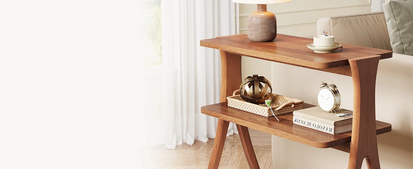 Side Table for Living Room, Farmhouse End Table with 2-Tier Storage Shelf and Solid Wood Legs, Nightstand for Bedroom