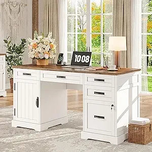 55'' Farmhouse Desk Home Office with Drawers, Executive Computer Desk Wooden with File Cabinet and Charging Station, Cerry Brow