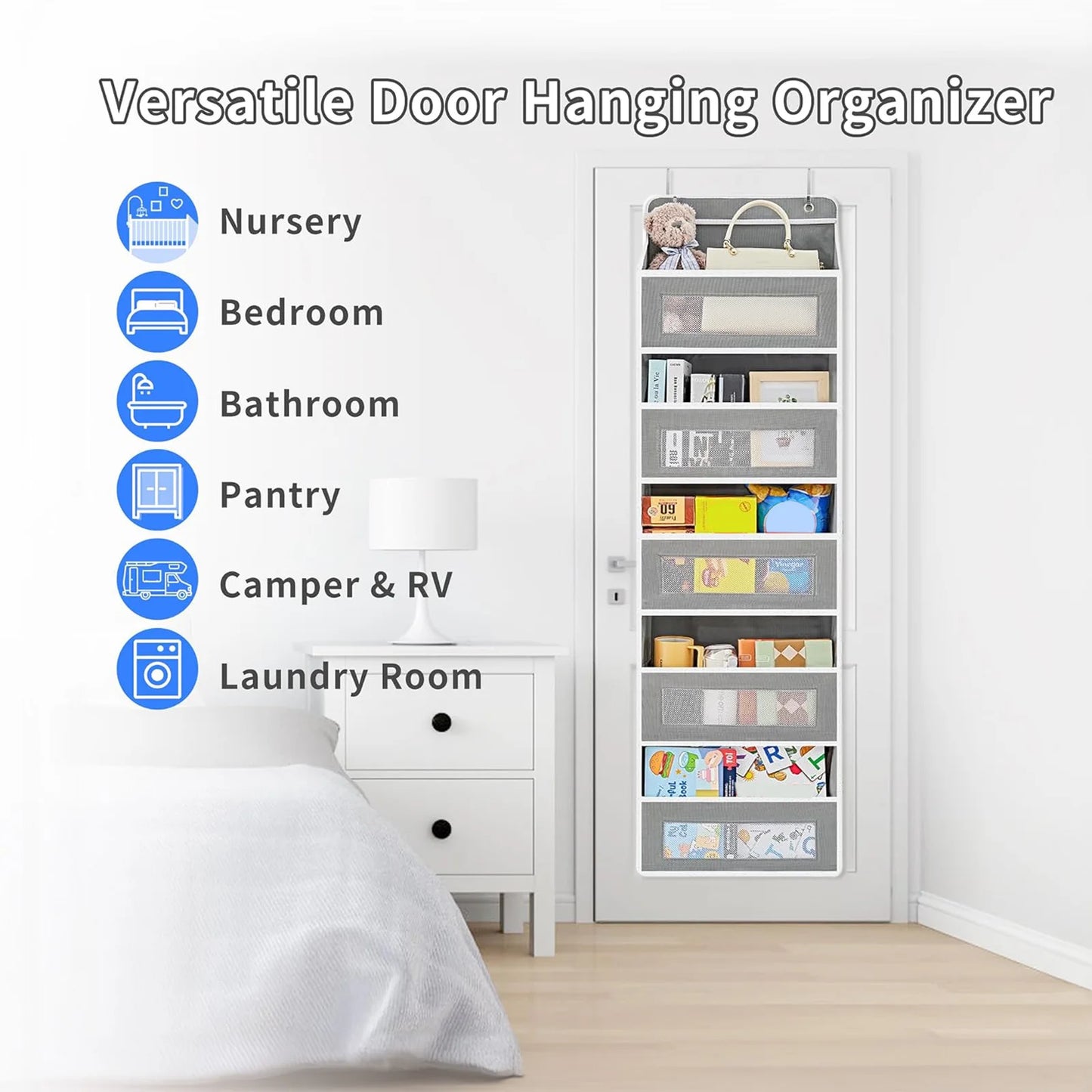 Over Door Organizer, 5-Tier Hanging Over Door Organizer with 5 Large Capacity Pockets, Anti-Tilt 44lb Load Behind Door Organizer