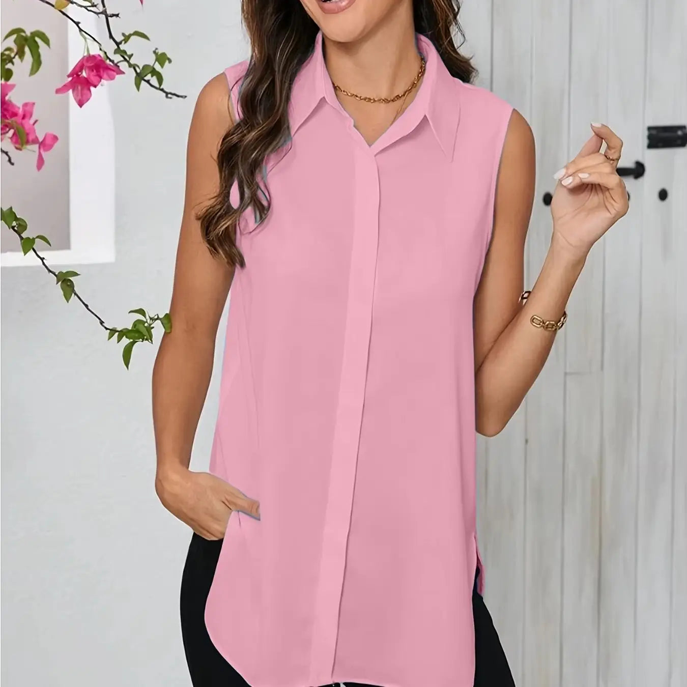 Plus size women's loose comfortable commute style hidden button shirt side slit irregular lapel sleeveless vest shirt