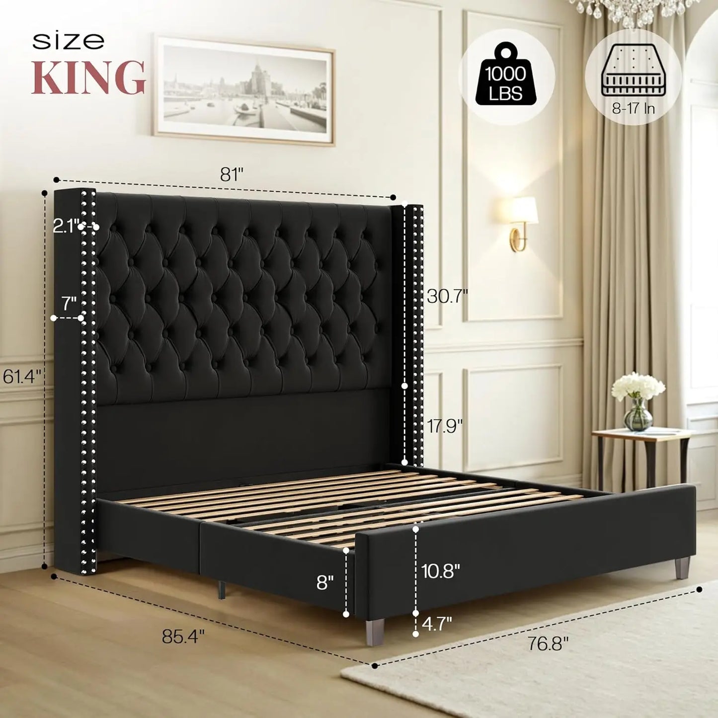 King Size Bed Frame Wingback Velvet Upholstered Platform Deep Button Tufting Solid Wood Legs No Box Spring Black, Customized