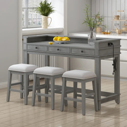 4-Piece Dining Table Set for 3, Retro Kitchen Table and Chairs Set with 3 Storage Drawers, Ideal for Small Spaces (Light Grey)