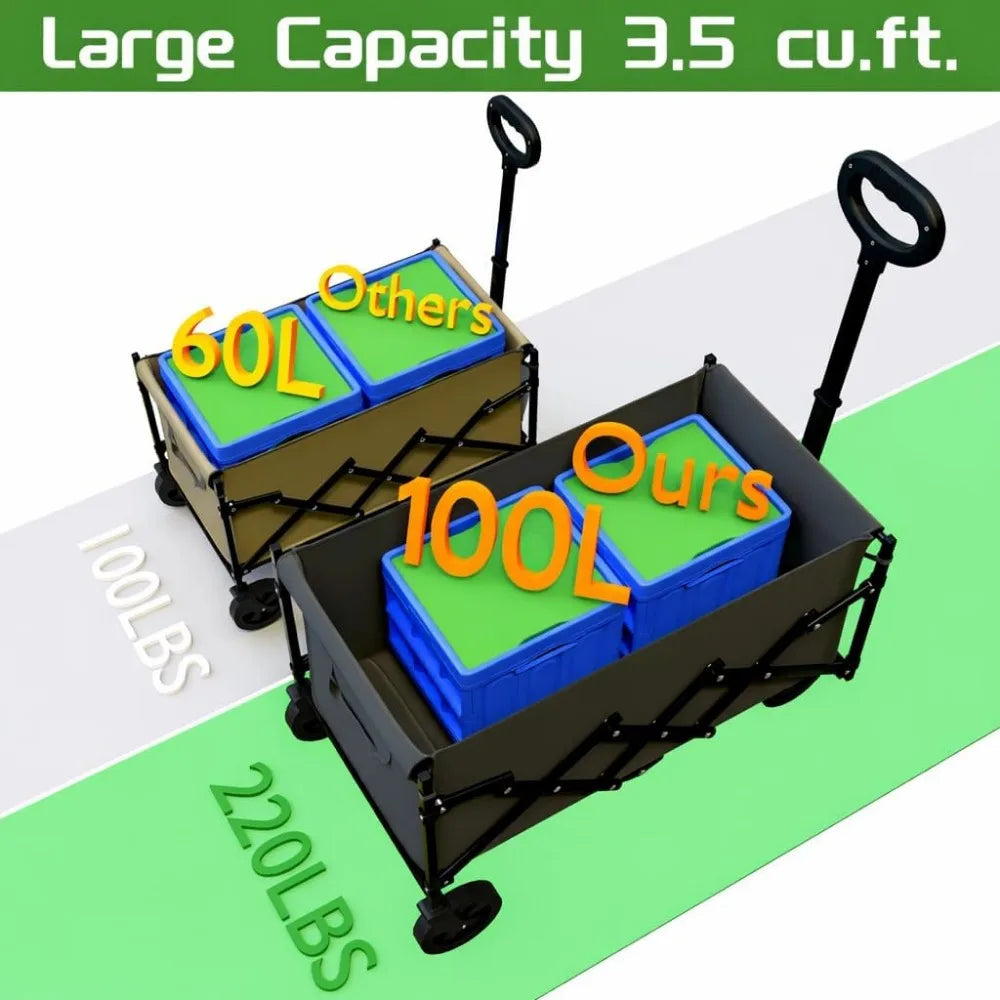 Foldable Heavy Duty Utility Wagon 220 lbs All Terrain Wheels Telescoping Handle Cup Holders Beach Garden Grocery