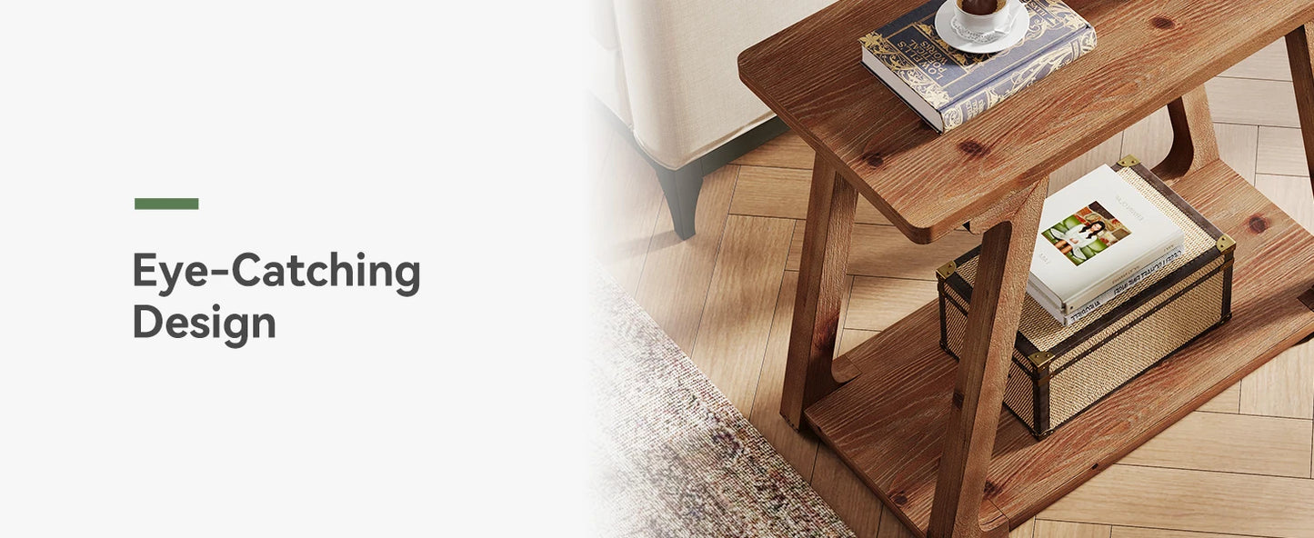 2-Tier Solid Wood End Table, Narrow Side Table, Rectangle Farmhouse Nightstand for Living Room, Bedroom, Easy Assembly