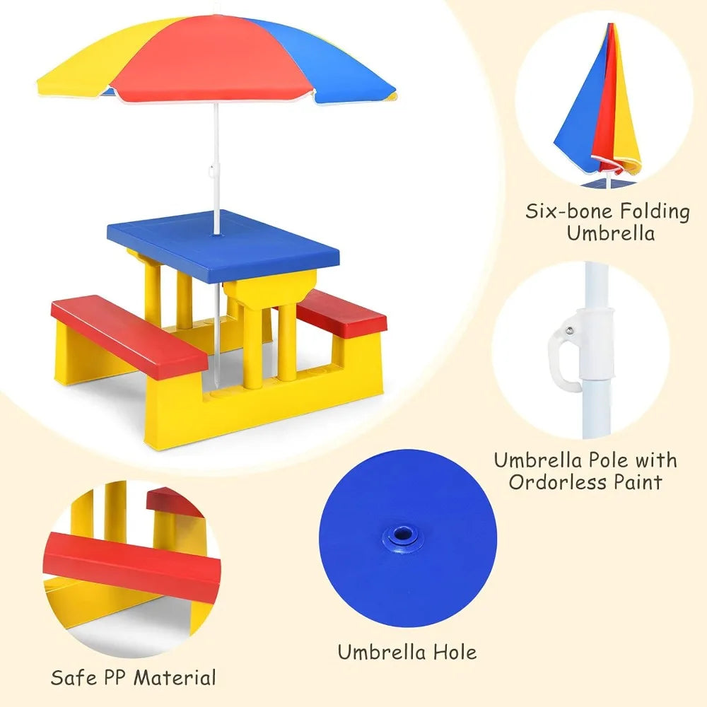 Kids Picnic Table, Toddler Plastic Outdoor Table & Bench Set with Umbrella, Children Patio Furniture Set for Backyard Garden