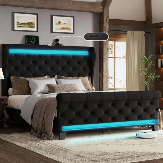 Queen Size Velvet Upholstered Platform Bed Frame with 50" Tall Headboard, LED Lights, and 2 USB Ports