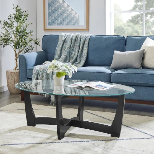 48 Inch Oval Glass Coffee Table with Black Wood Frame for Living Room