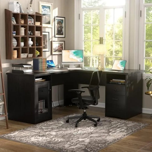 L Shaped Office Desk with Drawer, 60 Inch Computer Desk with Power Outlet & USB Charging Port, Large Corner Desk