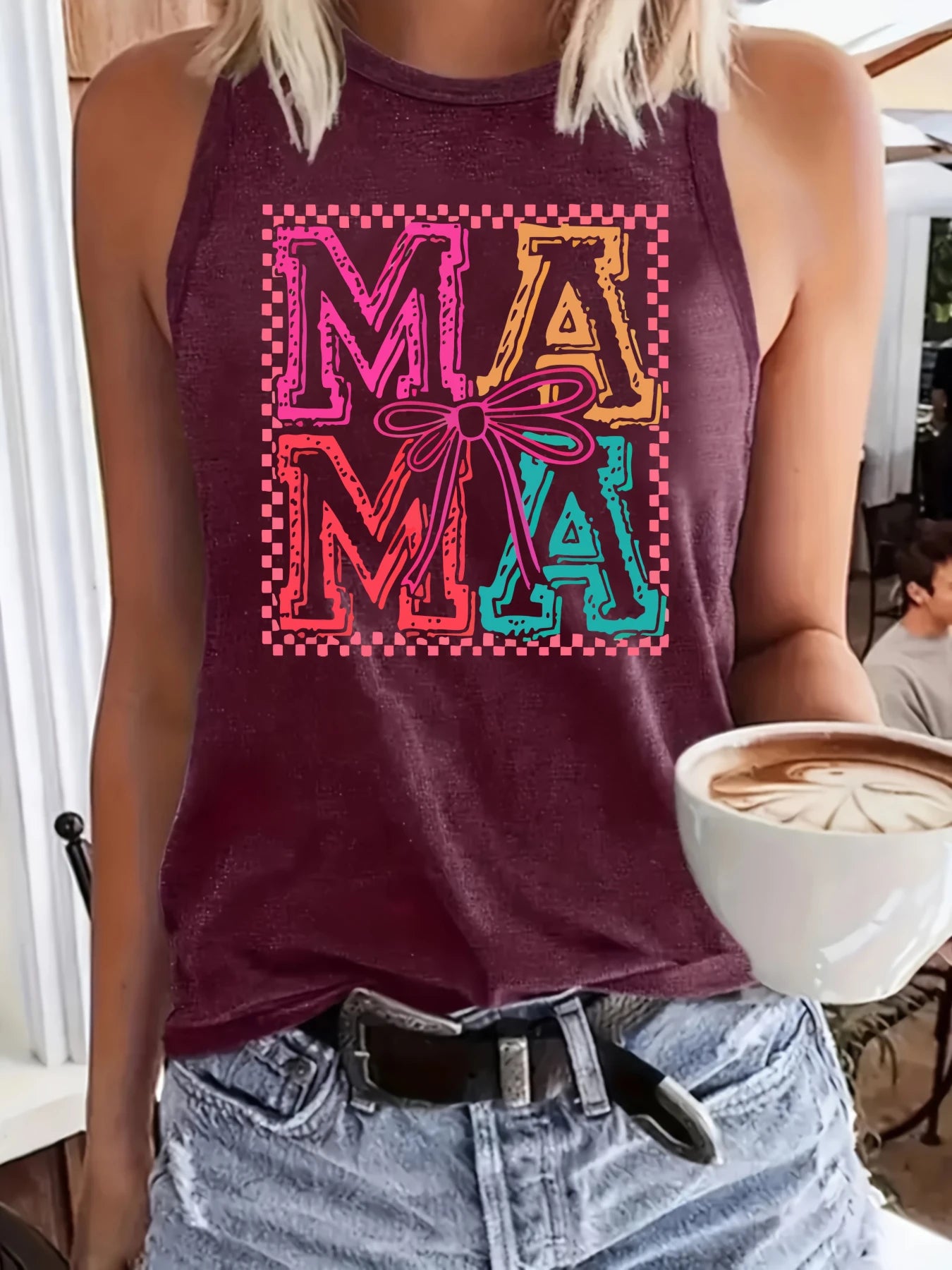 Women's plus size tank top Mama Pattern With Bow And Checkered Border Mother's Day gift womens clothes summer beach vacation top