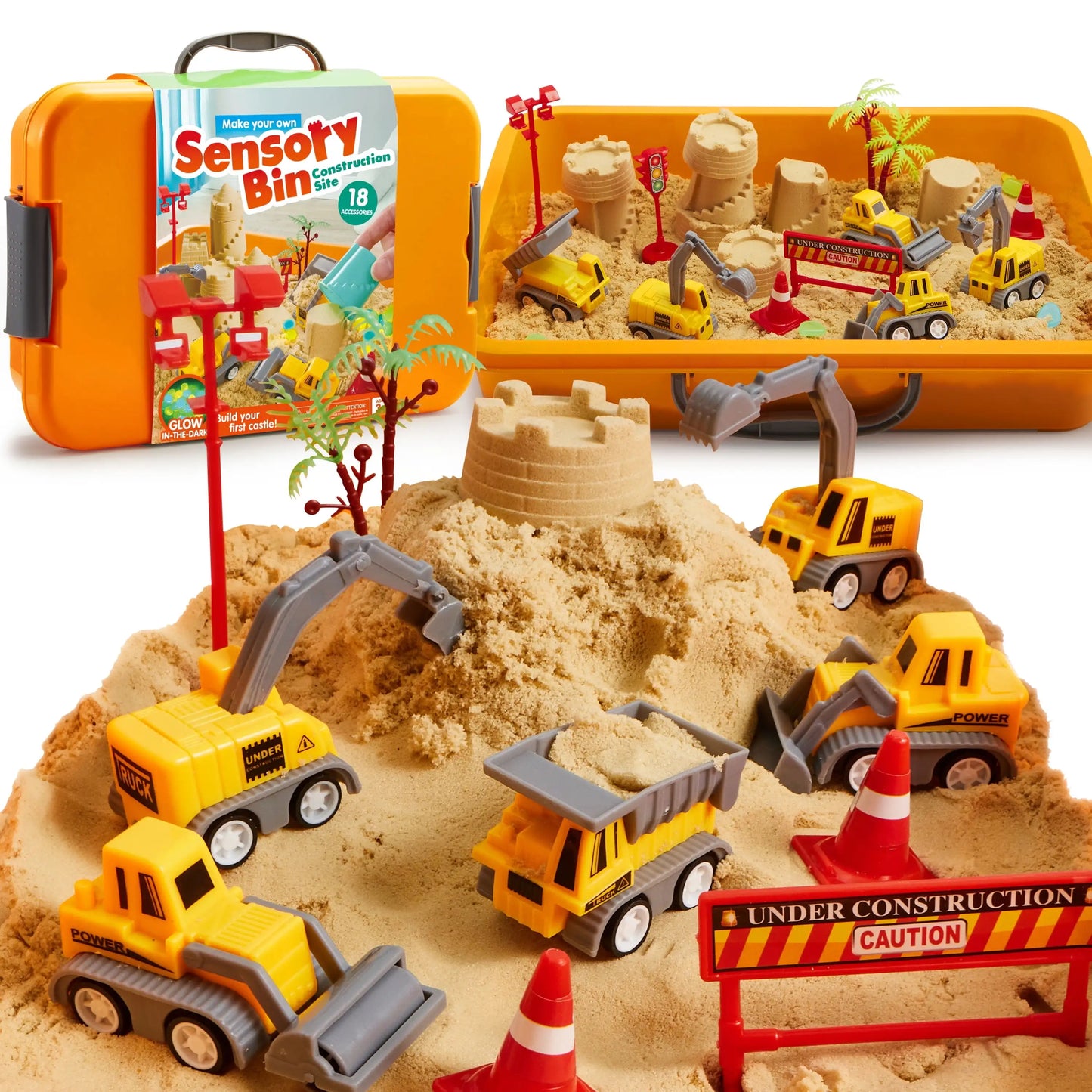 JOYFY Construction Sensory Bin Sandbox with Lid Castle Building kit Preschool Learning Activities for Boys Girls Age 3+ Gifts