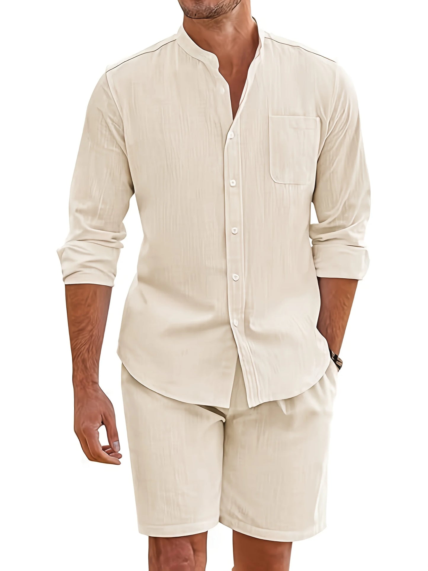 Men's summer two-piece polyester button shirt long sleeve shorts cardigan simple casual beach wear - the best choice for casual