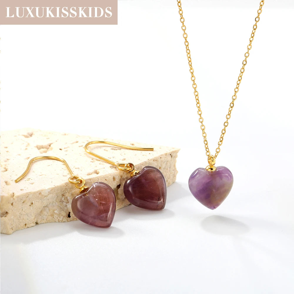 LUXUKISSKIDS Romantic Sweet Heart Jewelry Sets for Woman/Ladies Stainless Steel Love Pendant Peach Hearts Necklace Earrings Gift
