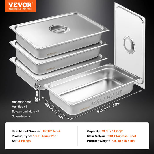 VEVOR 4 Pack Hotel Pans Full Size Anti-Jam Steam Pan with Lid Stainless Steel Steam Table Pan 4-Inch Deep Commercial Table Pan