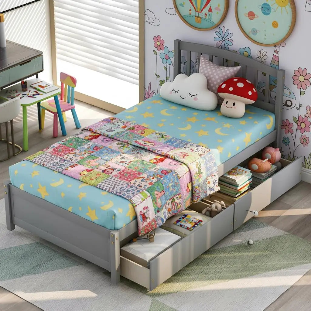 Twin Wood Platform Bed Frame with Storage Drawers Headboard Walnut, Customized