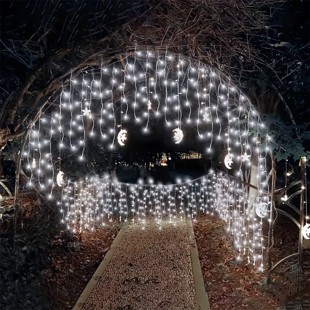 Solar Icicle Curtain Lights Outdoor Waterproof Eaves Light String  8 LIghting Modes 2025 Garden New Year Ramadan Decoration