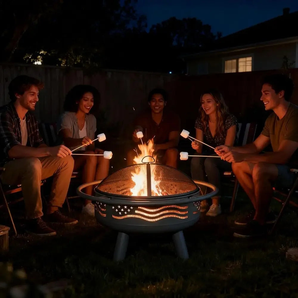 32 Inch Round Metal Wood Burning Fire Pit with Mesh Cover & Poker, Perfect for Outdoor Patio, Garden, Backyard Gatherings, Ideal