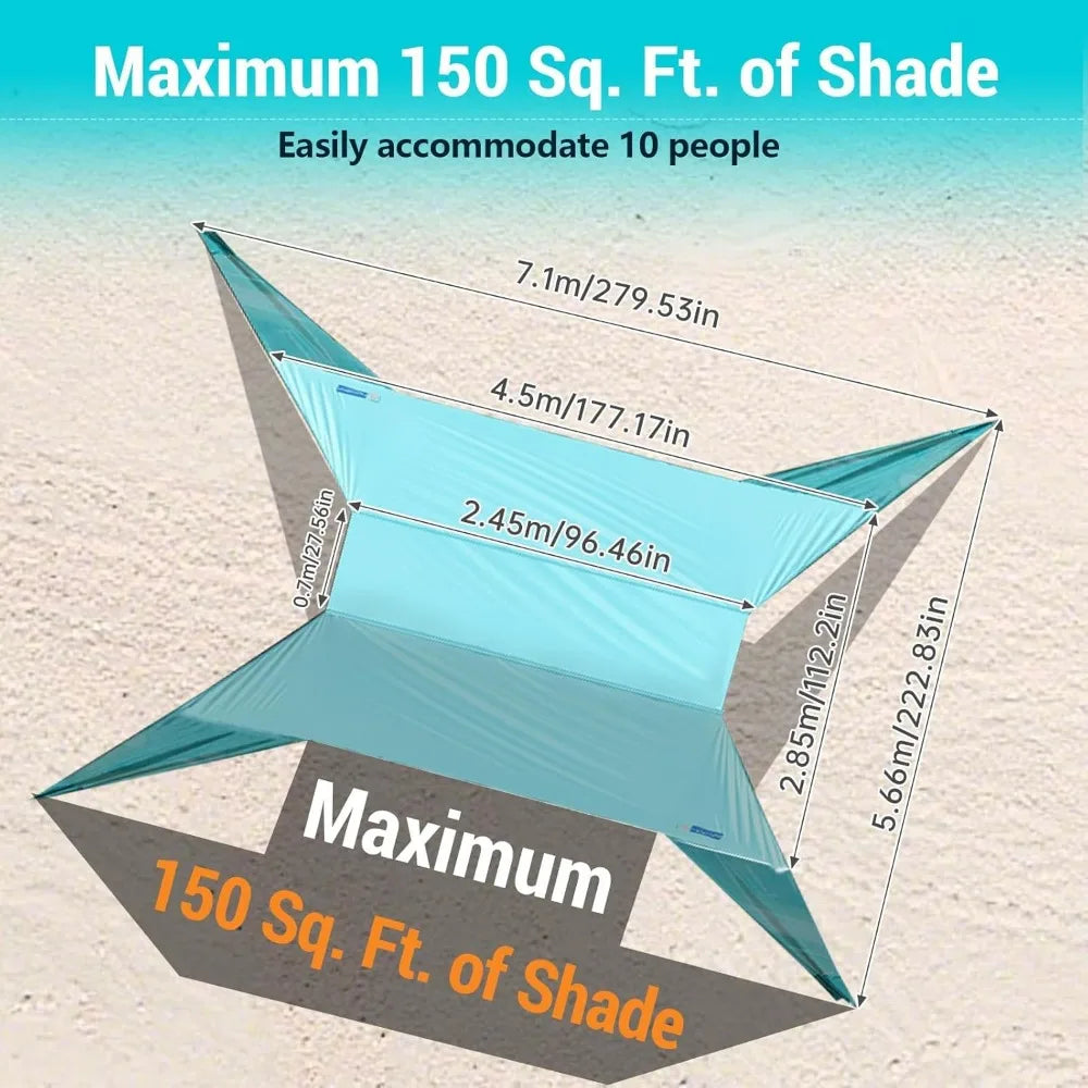 Large Portable Beach Shade 15X10ft Easy Setup UPF50 Plus Ultra Stable Wing Canopy
