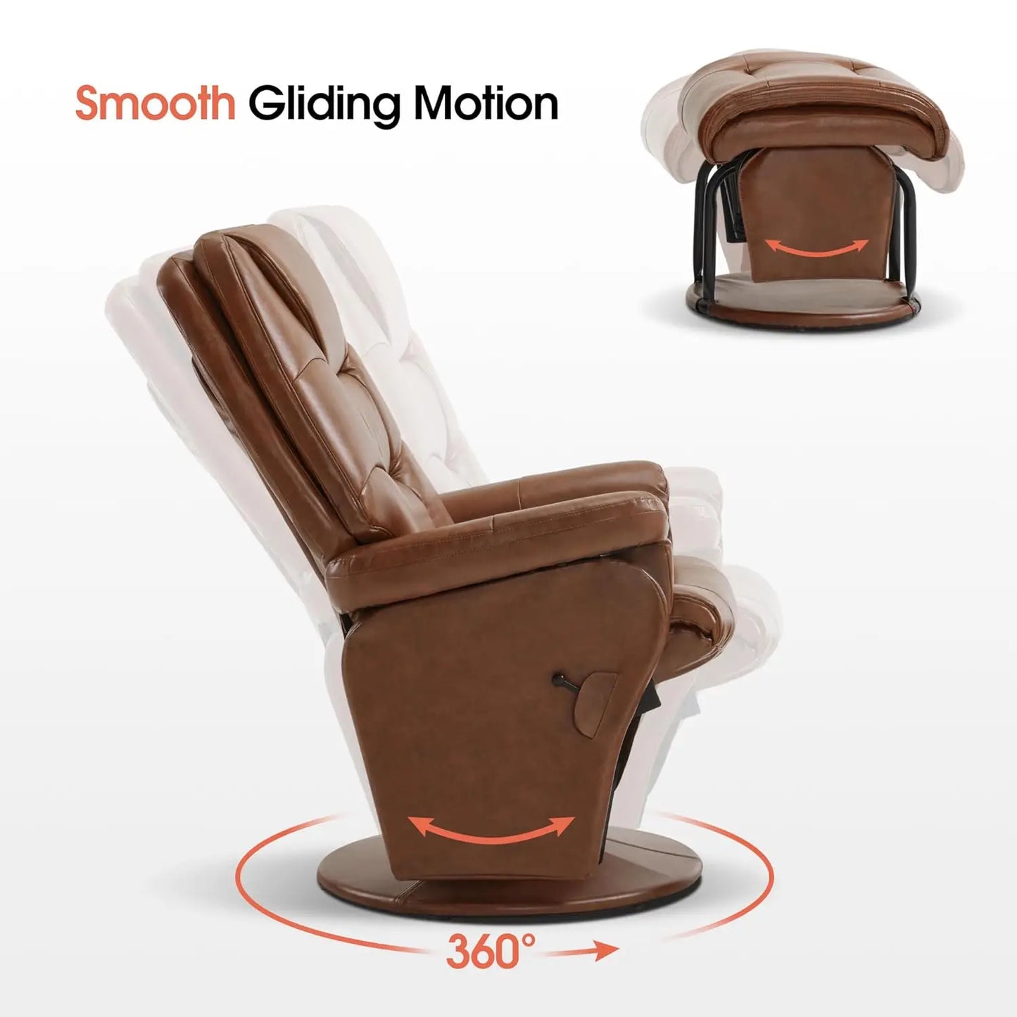 Swivel Glider Recliner Chair with Ottoman, Adjustable Back Faux Leather Lounge, Living Room Bedroom, Brown, Customized