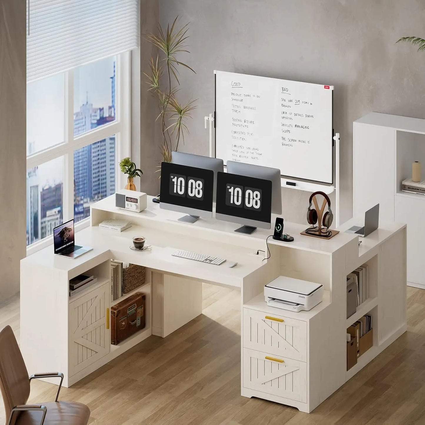 62.2" Farmhouse L Shaped Home Office Desk, Drawers, Storage Shelves & Power Outlet, Custom