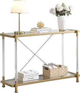 Toughened Glass Console Table,Clear Glass Accent Console Sofa Table with Stainless Steel Frame,Gold Entry Tables for Hallway, So
