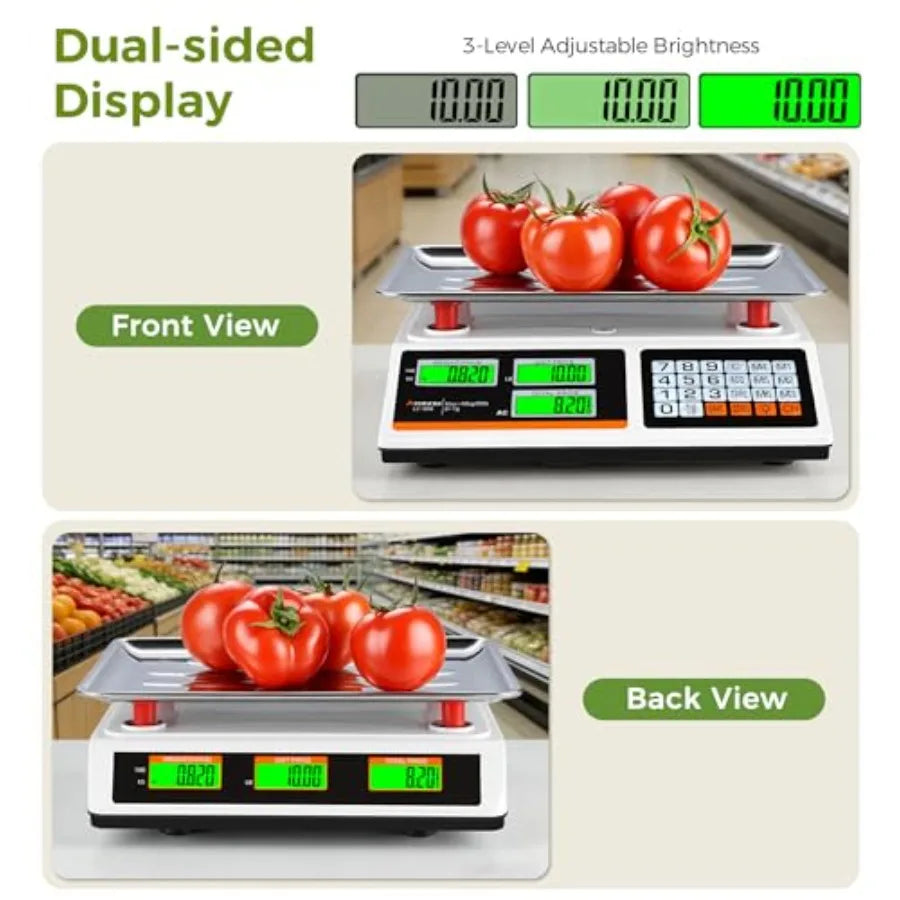 Commercial food kitchen scale for produce, farmers, markets, meat: 88lb/40kg price computing scale with dual-sided display, pre