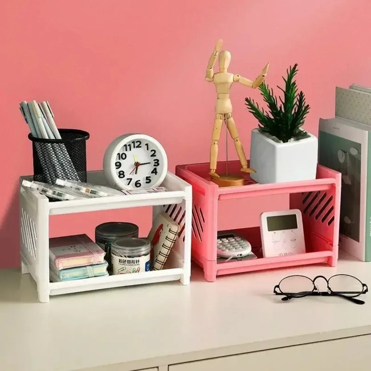 Modern Double-Deck Desk Storage Rack – Open Frame Office Organizer for Stationery, Notebooks & Daily Sundries