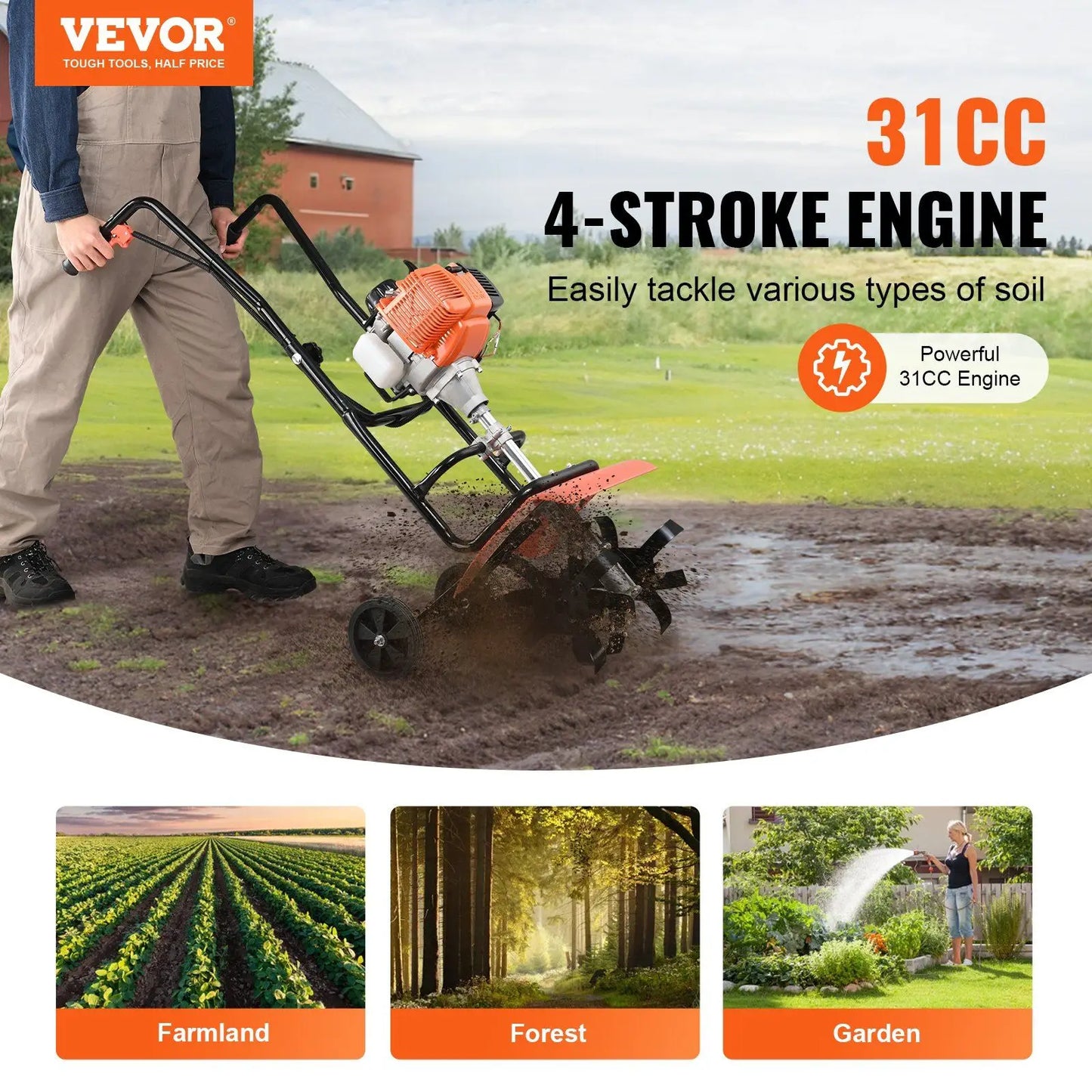 Powerful 31CC 4-Stroke Tiller Cultivator with 4 Steel Adjustable Front Tines, Garden Cultivator for Lawn and Field