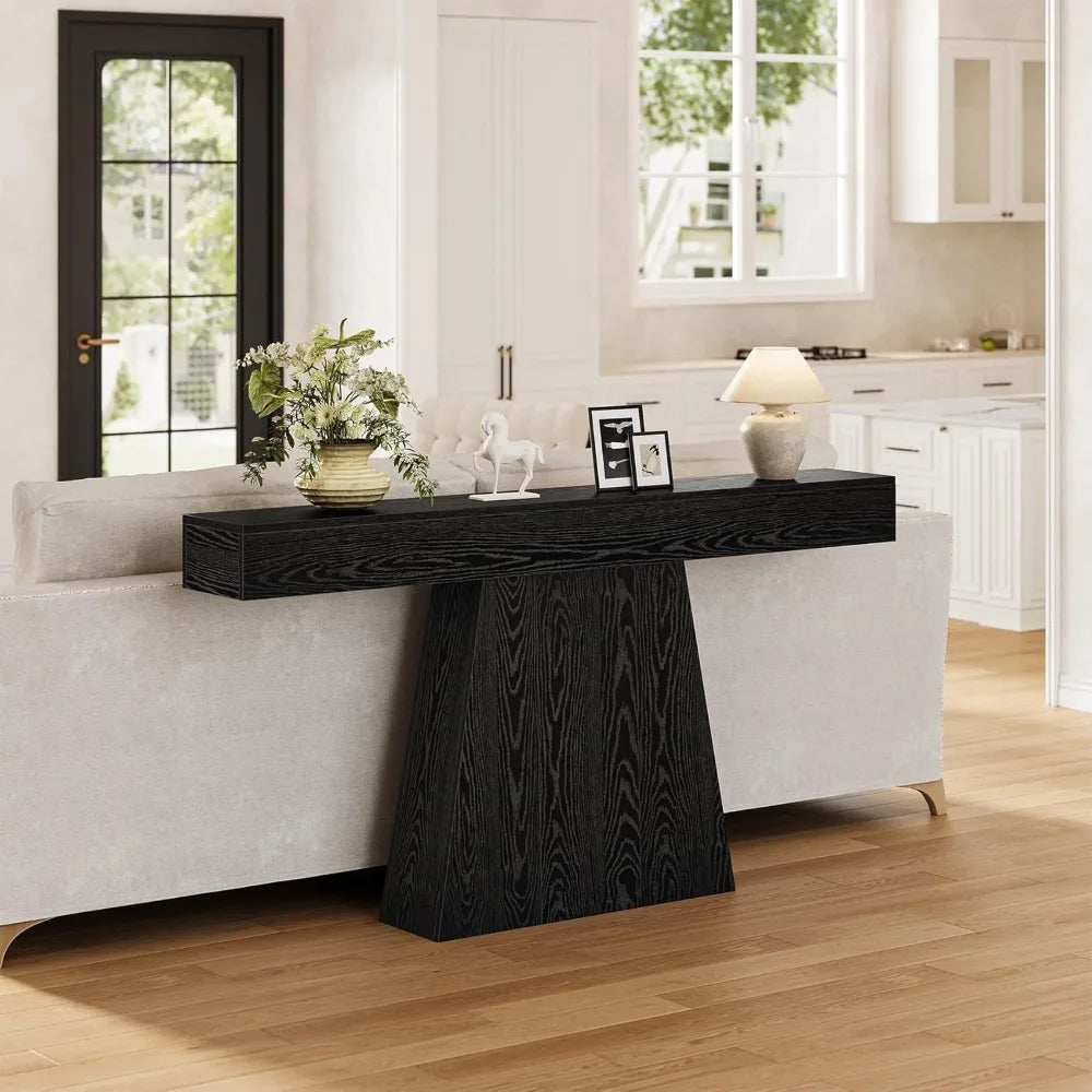 63 Modern Black Console Table, Trapezoidal Base, Perfect for Entryway and Living Room