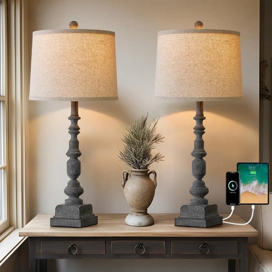 Oneach 27.75" Vintage Farmhouse USB A+C Table Lamps Set of 2 for Living Room Traditional Bedside Lamps for Bedroom Office Mid Ce