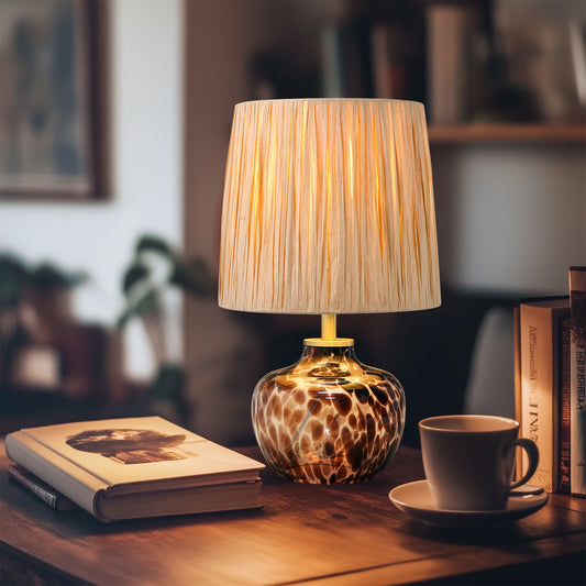 15" Hand-Blown Glass Table Lamp, Natural Raffia Shade, Mesmerizing Leopard-Print Base, Small Accent Lamp