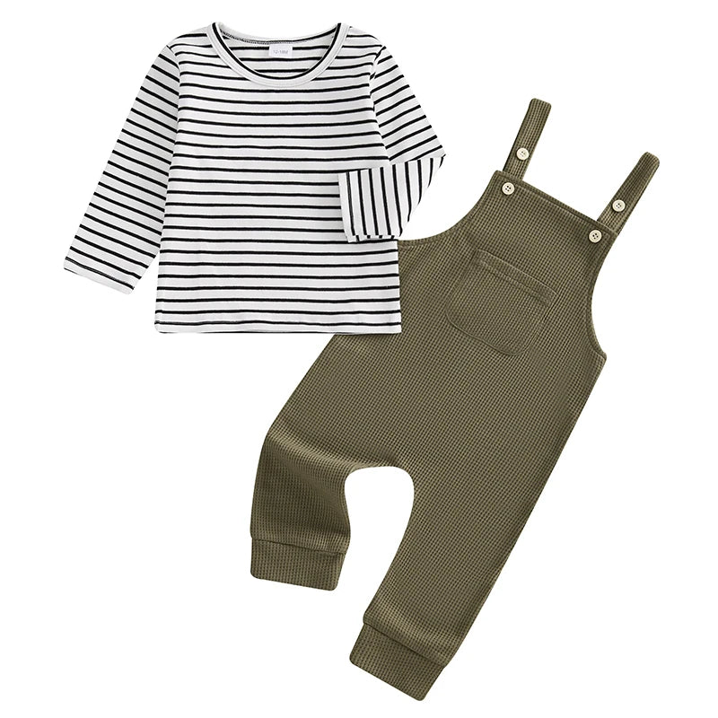 Boys 2-Piece Set Striped Long Sleeve Tee with Suspender Pants Fall Outfit for Kids