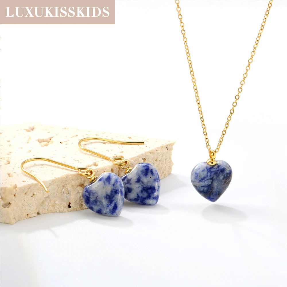 LUXUKISSKIDS Romantic Sweet Heart Jewelry Sets for Woman/Ladies Stainless Steel Love Pendant Peach Hearts Necklace Earrings Gift