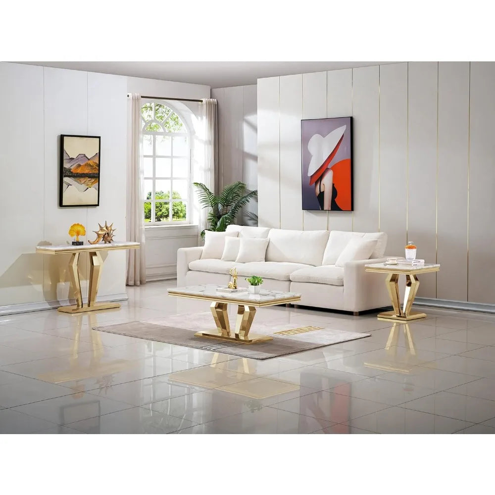 Luxury Marble Coffee Table with Stainless Steel Pedestal, 47" Modern Gold Coffee Table for Living Room, Rectangle Faux Marble To