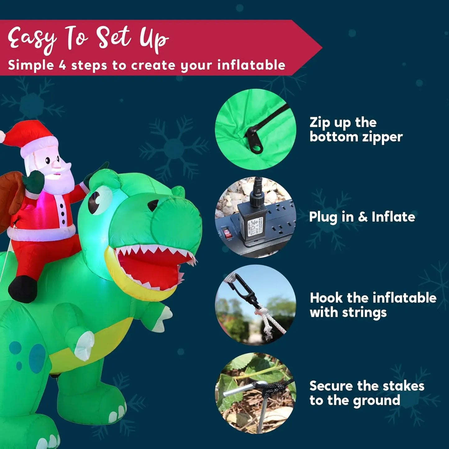 JOYFY 6 FT Christmas Inflatable Dinosaur with Build-in LEDs Dinosaur with Santa for Christmas Inflatable Outdoor Decoration