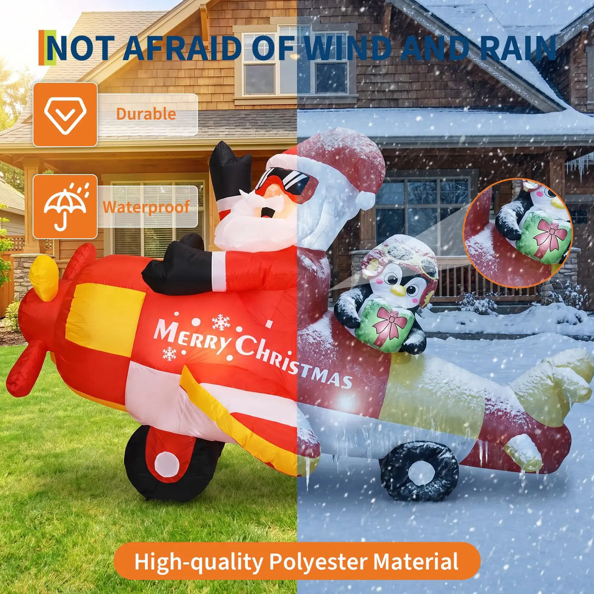 8FT Christmas Inflatable Santa Airplane With Penguin Gift Box LED Outdoor Decor