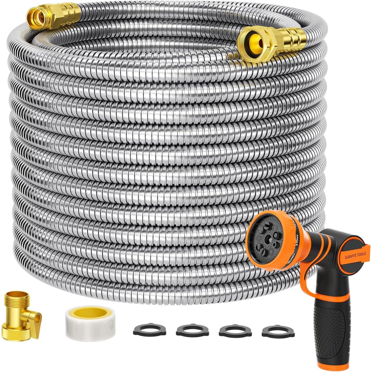 Giraffe Tools 5/8" Garden Hose, 304 Stainless Steel Metal Water Hose, No Kink Garden Water Hose with 9 Pattern Spray Nozzle