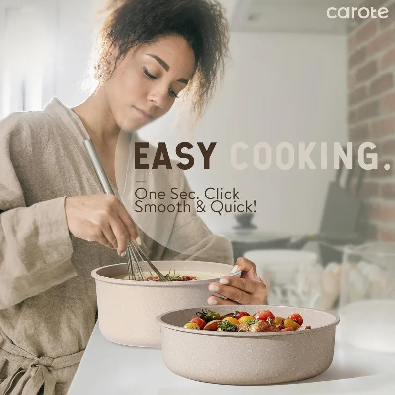 21pcs Detachable Handle Pots and Pan Set, Nonstick Induction Cookware, Removable Handle, RV Oven Safe Cookware, Taupe