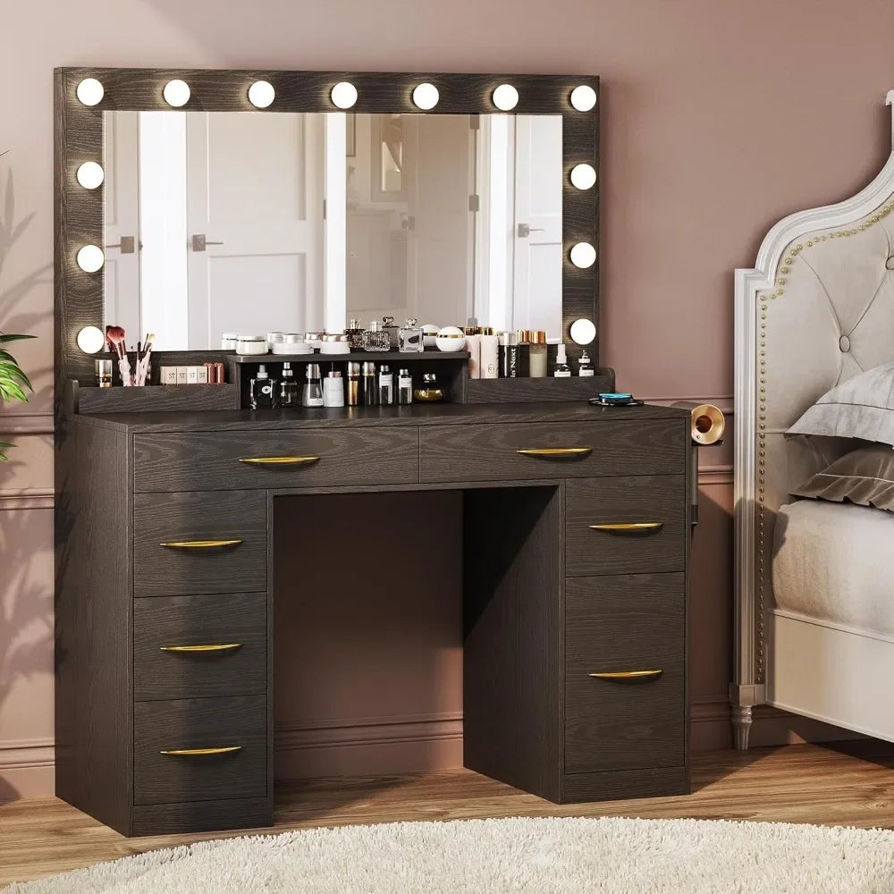 Makeup Vanity Desk with Lights,Desk with Large Mirror, Vanity with Outlets Large Drawers & Storage, 3 Lighting Color