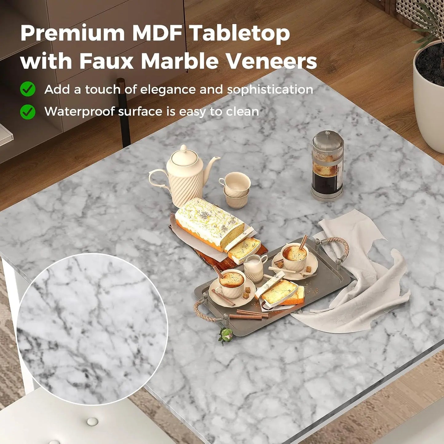 Counter Height Dining Table Set For 4, Space Saving Kitchen Table With 4 Padded Bar Stools, Elegant Faux Marble Breakfast Nook Table Set for Apartments Dining Room, White