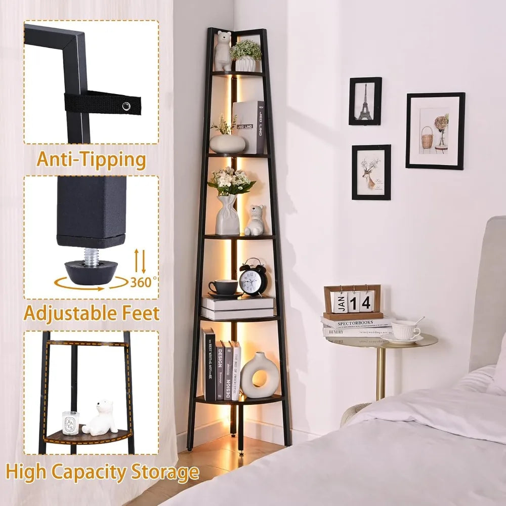 Corner Shelf, 5-Tier Corner Bookshelf with LED Light, 67.5in Corner Shelves for Bedroom, Tall Standing Shelf with Steel Frame,