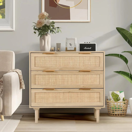 Large 3-Drawer Rattan Nightstand—Modern Wood Bedside Table for Queen & King Bedrooms
