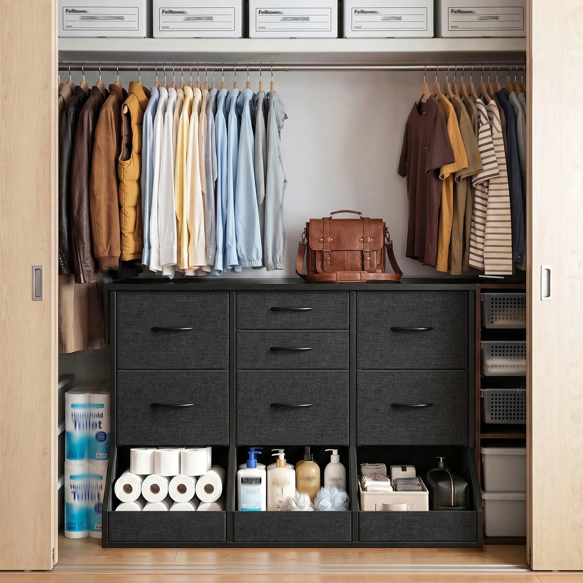 EnHomee 10-Storage Fabric Dresser – 7 Drawers & 3 Open Compartments, Wood Top & Metal Frame – 39.3"W x 17.7"D x 31.5"H – For Bedroom, Entryway, Hallway