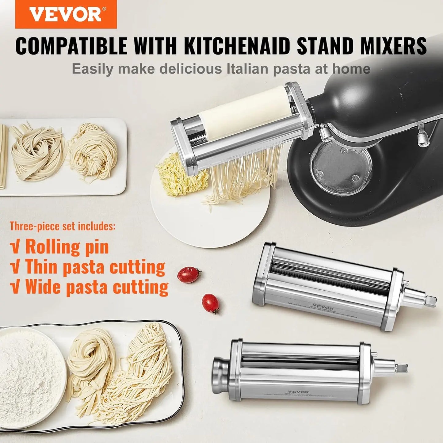 Pasta Attachment for KitchenAid Stand Mixer, Stainless Steel Pasta Maker with 3 Cutters, 8 Thickness Settings