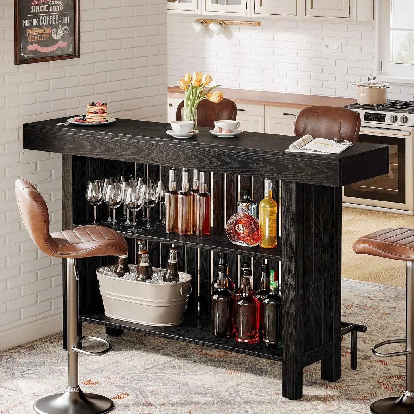 LITTLE TREE 63-Inch Large Home Bar Unit,2-Tier Kitchen Island Mini Bar Height Pub Table with Footrest, Modern Coffee Bar Cabinet
