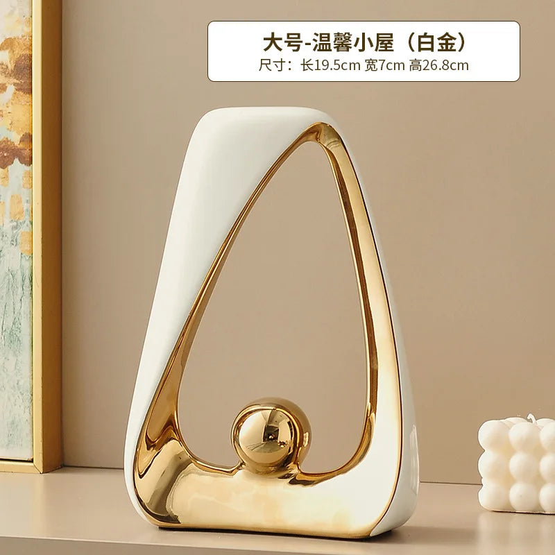 Ceramic Crafts Statues Abstract Ornaments Decorative Figurines Geometric Triangles Golden Ball Skeleton Sculpture Home Decor