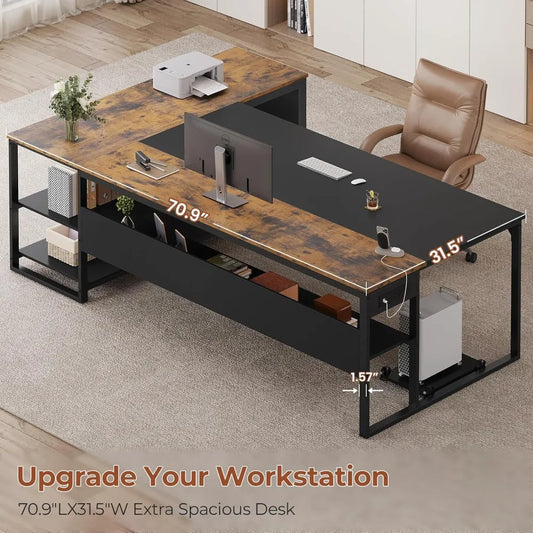 "Reversible L-Shaped Corner Desk for Executives with Spacious File Drawers and Integrated Power Outlets"