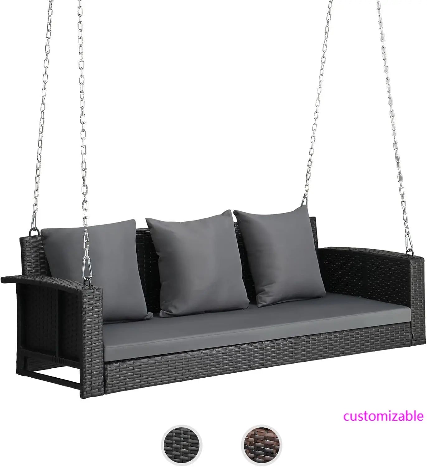 Heavy Duty 800 LBS Wicker Hanging Porch Swing with Cushions & Chains, 5FT Outdoor Rattan Swing Bench for Garden,Black