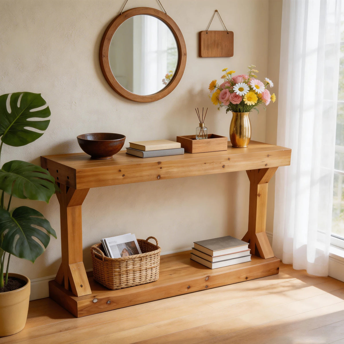 120cm Farmhouse Console Table With Shelf Solid Fir Wood Entryway Sofa Table
